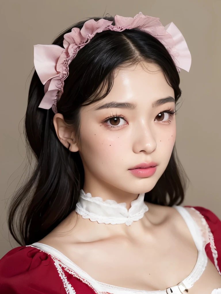 Kim Jennie with black hair, with curlers at the ends, brown eyes, pretty eyes, crying eyes, pretty, upturned nose, watery nose, pretty lips, pink lips, heart and cupid shaped lip, beautiful skin, pale white skin, with moles and freckles all over his face, soft pink blush on cheeks, soft pink makeup, Nice neck, marked collar, tender look, with a kiss necklace, while wearing a medieval corset, corset blanco medieval, bonito corset, while having a slim and beautiful abdomen, while wearing red underwear, tiny red underwear with white medieval corset, sexy (big breasts, soft breasts, beautiful breasts), looking to the camera