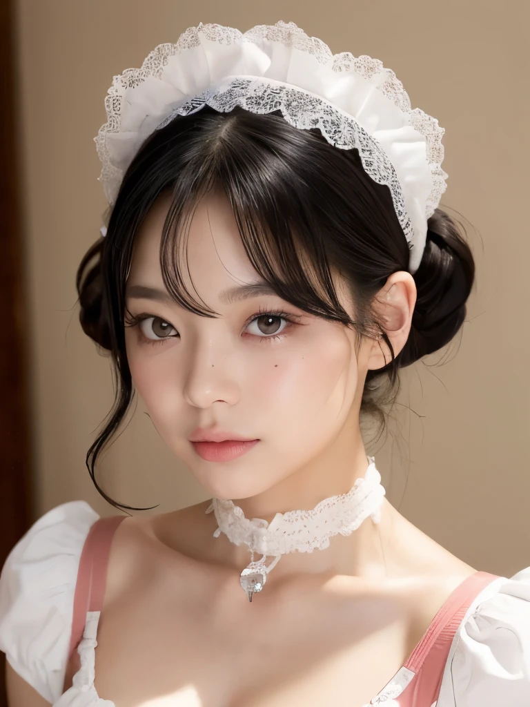 Kim Jennie with black hair, with curlers at the ends, brown eyes, pretty eyes, crying eyes, pretty, upturned nose, watery nose, pretty lips, pink lips, heart and cupid shaped lip, beautiful skin, pale white skin, with moles and freckles all over his face, soft pink blush on cheeks, soft pink makeup, Nice neck, marked collar, tender look, with a kiss necklace, while wearing a medieval corset, corset blanco medieval, bonito corset, while having a slim and beautiful abdomen, while wearing red underwear, tiny red underwear with white medieval corset, sexy (big breasts, soft breasts, beautiful breasts), looking to the camera