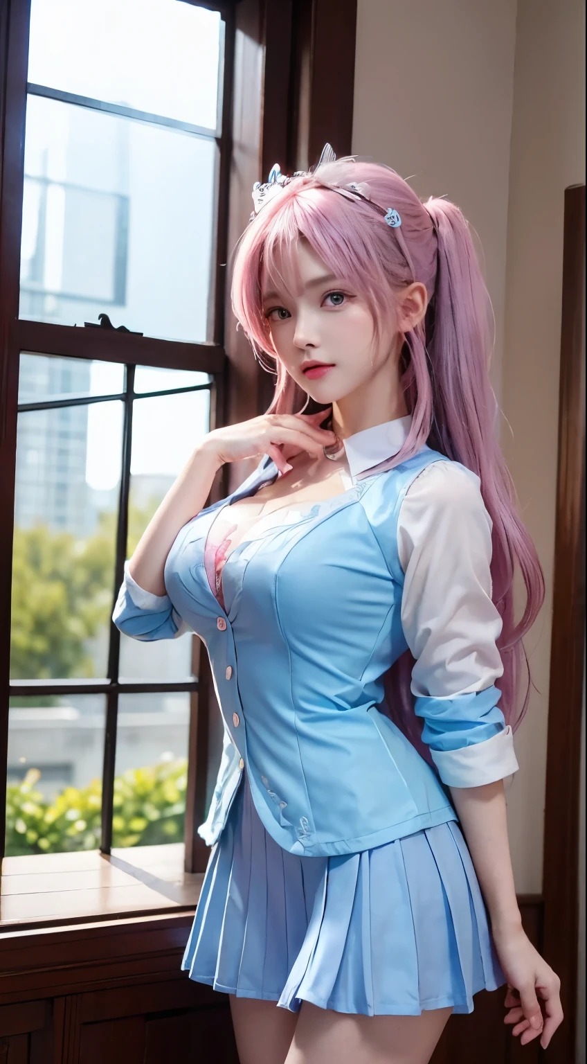 Beautiful girl, (cute face:1), (lewd face:1), pink hair, intricate face details, detailed face, golden ratio face, ((huge breasts:1)), ((large breasts:1)), ((giant breasts:1)), ((big breasts:1)), ((slim waist:1)), ((big butt:1)), ((big hip:1)), ((big thighs:1)), ((thick thighs:1)), ((intricate hands:1)), ((detailled hands:1)), ((intricate feets:1)), ((detailled feets:1)), (polished skin:1,9), (sweaty:1,9), (thicc:1), (erotic:1), (perverted:1), (she is sexually aroused:1), (full body:1), (look at viewer:1), K, UHD, HDR, global illumination, (high quality, high detailed, hyper detailed, extremely detailed), photo realistic, ultra realistic, art photo, (clarify the details, detailed parts body), intricate artwork masterpiece, trending on artstation, massive mommy milkers, (horny face:1), (dark pink eyes:1,9), (light pink hair:1,9), standing, posing, lobby, door, light blue shirt