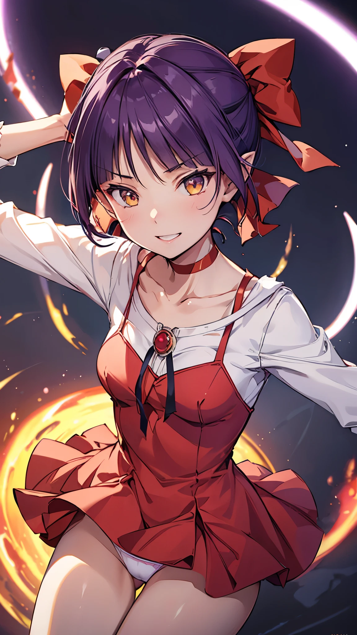 nekomusume,1girl, purple hair, yellow eyes, solo, red dress, red choker, hair bow, pointy ears, short hair, white shirt, long sleeves, red bow, bangs, collarbone, brooch, jewelry,smile,white panty,panty shot,masterpiece,Noise Reduction,perfect anatomy,high resolution, ultra-detailed, ultra-detailed face,game cg,dutch angle ,beautiful detailed eyes,visualart,five fingers, perfect hands, perfect lighting,