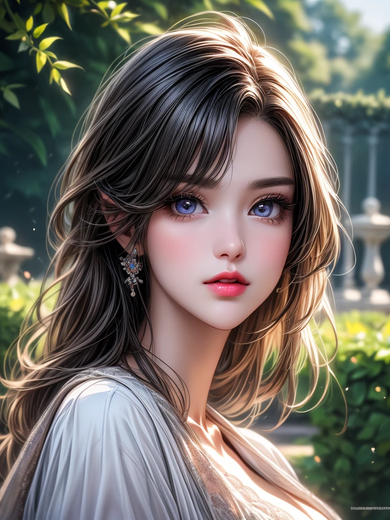 girl in the garden,detailed and beautiful eyes,detailed eyes、beautiful detailed lips,Highly detailed eyes and face,black eyes、long eyelashes,figure,Super detailed,最high quality,4K, 8K,High resolution,masterpiece:1.9,Ultra-fine painting,sharp focus,Professional,Bright colors、sexly、masterpiece, 最high quality, high quality, High resolution、cinematic lighting、huge breast ,face front,full body pic,pink lipstick