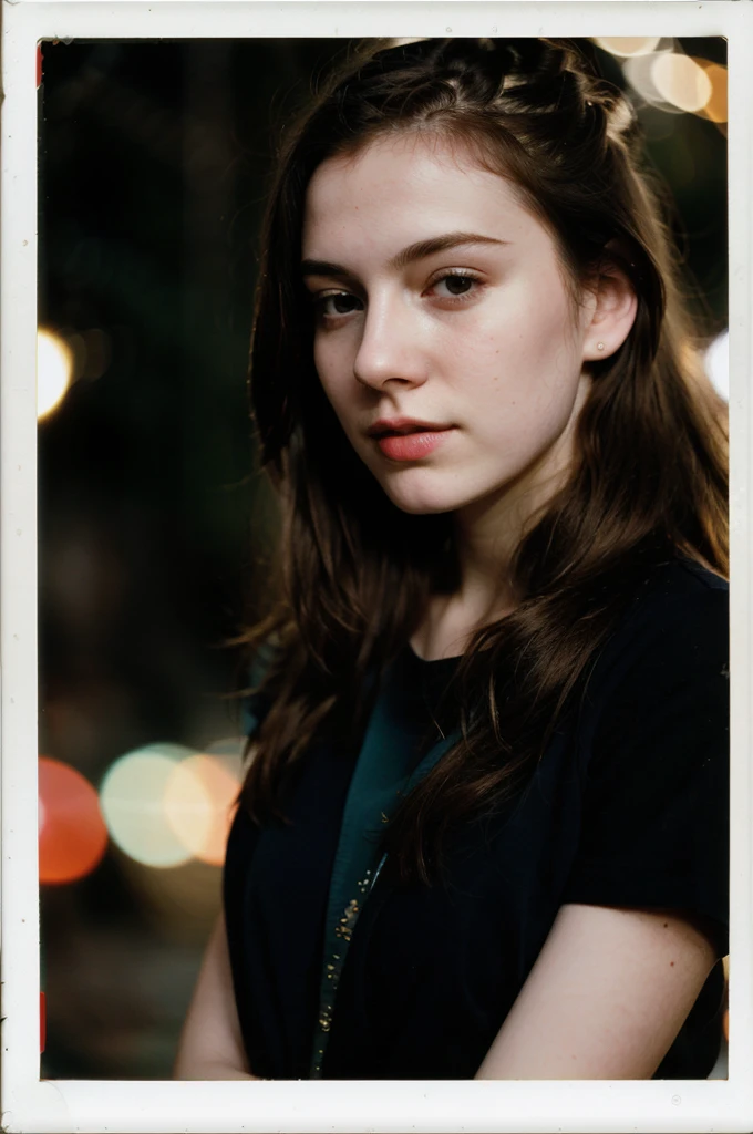 polaroid photo, night photo, 24 year old photo.oh beautiful woman, pale skin, bokeh, motion-blur