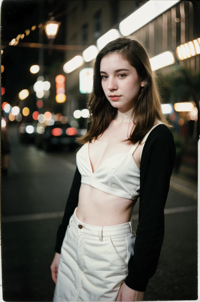 polaroid photo, night photo, 24 year old photo.oh beautiful woman, pale skin, bokeh, motion-blur