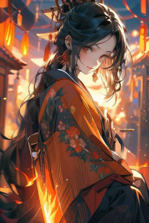 Perfect face. Perfect hands. A black haired woman with orange eyes in a pretty kimono is sitting while  holding a flaming sword in a shrine while smiling in ribbons of fire
