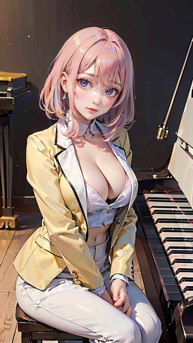 ((Highest quality, 8k, masterpiece :1.3)), (Sharp focus :1.2, Beautiful woman with perfect figure :1.4, Slim Abs), ((Big Breasts, Emphasize cleavage:1.2)), (Photorealistic:1.4), (realistic:1.4), (Pink Hair:1.5), Highly detailed face and skin texture, Fine grain, double eyelid. Makeup face, A little bit of lipstick, sex appeal, Sexy gravure pose, ((Yellow blazer and white blouse、The background is the piano in the music room、Dreamy look、Katyusha in the hair、Sitting pose in front of the piano。:1.3)