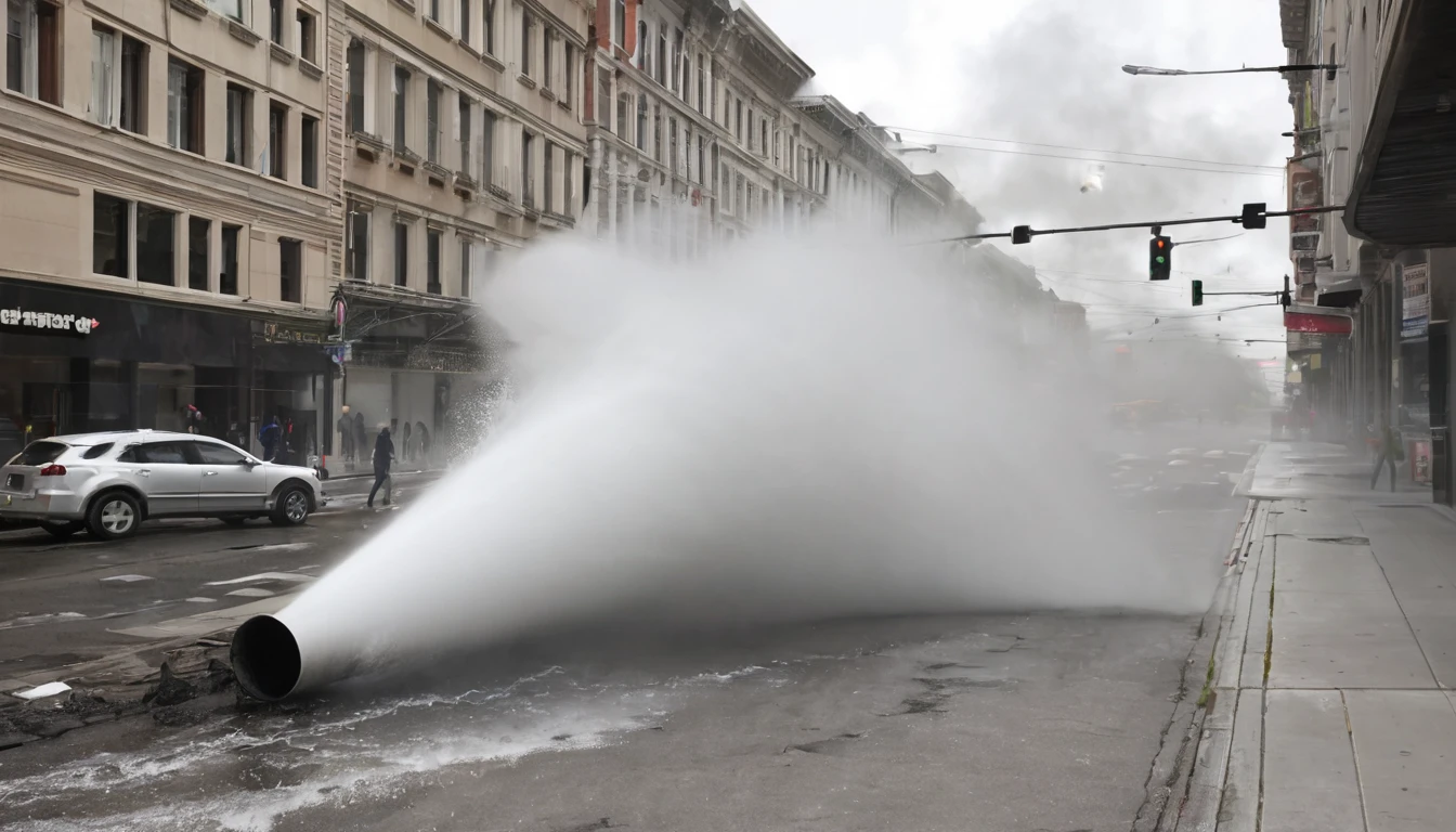 A large heating pipe on the street in a city suddenly exploded, causing water vapor to spray out