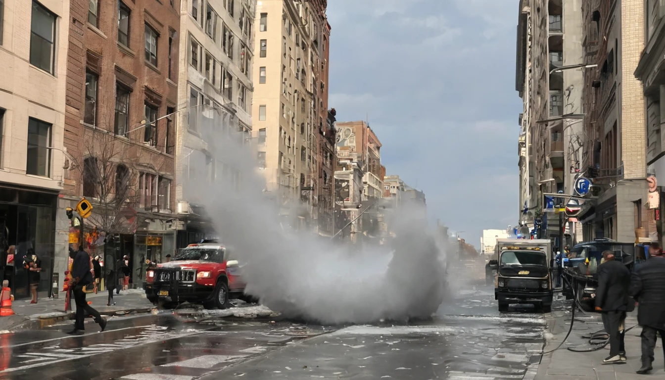 A large heating pipe on the street in a city suddenly exploded, causing water vapor to spray out