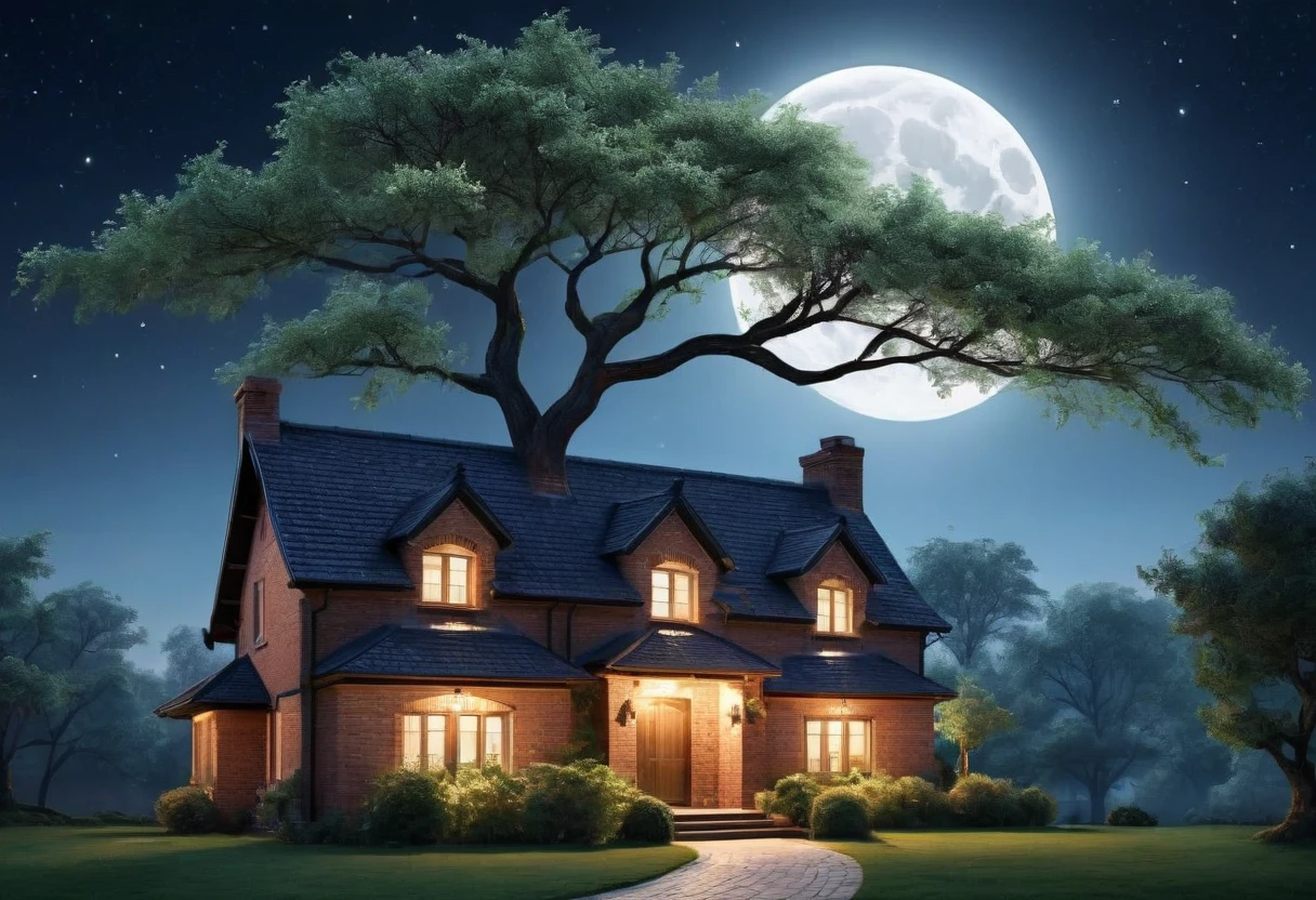 Generate a breathtakingly beautiful nighttime photo of a brick house with a single tree beside it, illuminated by the soft glow of moonlight. The brick house should have a rustic charm with a gabled roof and visible texture on the bricks. The tree next to the house is tall and majestic, with branches gently swaying in the night breeze. The scene is bathed in the serene, silvery light of a full moon hanging high in the clear, starry sky. The moonlight casts gentle shadows, highlighting the details of the house and the tree, while creating a tranquil and mystical atmosphere. The foreground includes a well-tended garden with subtle hints of foliage, adding depth to the scene. The overall composition should evoke a sense of calm and wonder, capturing the beauty of a peaceful night in the countryside.