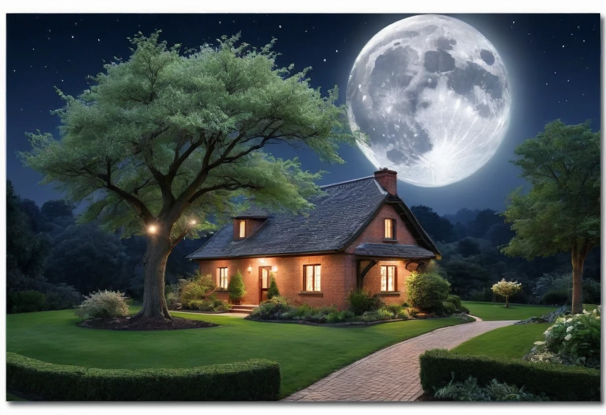 Generate a breathtakingly beautiful nighttime photo of a brick house with a single tree beside it, illuminated by the soft glow of moonlight. The brick house should have a rustic charm with a gabled roof and visible texture on the bricks. The tree next to the house is tall and majestic, with branches gently swaying in the night breeze. The scene is bathed in the serene, silvery light of a full moon hanging high in the clear, starry sky. The moonlight casts gentle shadows, highlighting the details of the house and the tree, while creating a tranquil and mystical atmosphere. The foreground includes a well-tended garden with subtle hints of foliage, adding depth to the scene. The overall composition should evoke a sense of calm and wonder, capturing the beauty of a peaceful night in the countryside.
