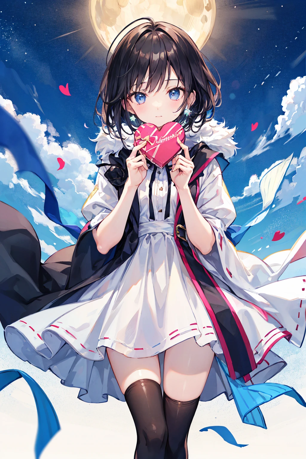 high quality、最high quality、Complete limbs、Ultra-high resolution、Shining Eyes、Droopy eyes、Full hands and fingers、Slender beauty、Princess Cut、Black Hair、White dress、White skin、Knee-high socks、Valentine&#39;s Chocolate、heart、((最high quality)), (Very detailed), (High-definition CG synthesis 8K wallpaper), 高いly detailed, 高い-definition raw color photos, Professional photography, (((Bokeh))), Written boundary depth,