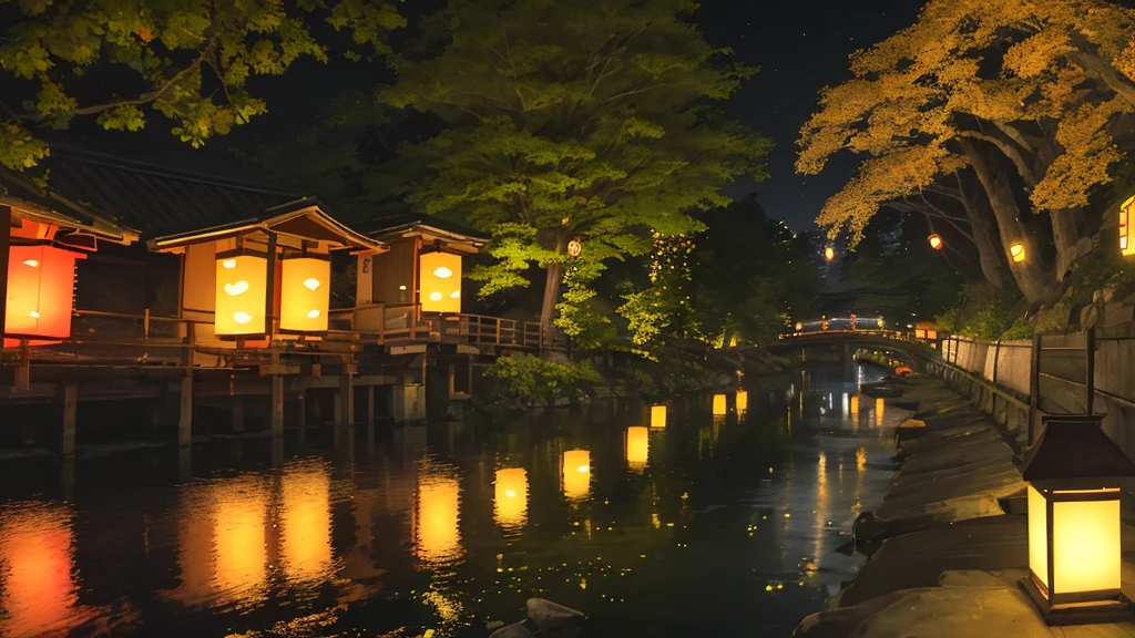 Local summer festival night、A fantastic light illuminates the surroundings、Ultra-high resolution、8k、16K、Japanese Summer Festivals、Return、A quiet and slightly lonely scene、Lanterns radiate a warm light in the night sky.、Evokes the bittersweet feeling of a late summer night,Riverside scenery、Back view of a yukata