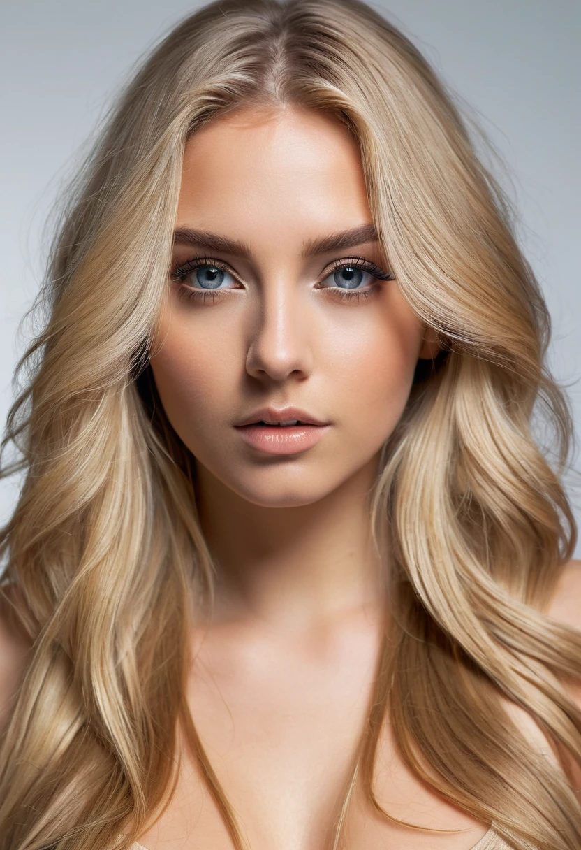 Natural photography of a beautiful girl, wearing a loose crop top, leaning over, long flowing blond hair, big bust, locks eyes into the camera, eyeshadow, symmetrical eyes, symmetrical face, photorealistic, photography, path tracing, specular lighting, volumetric face light, path traced hair, visible shadows, intricate, elaborate, blank background