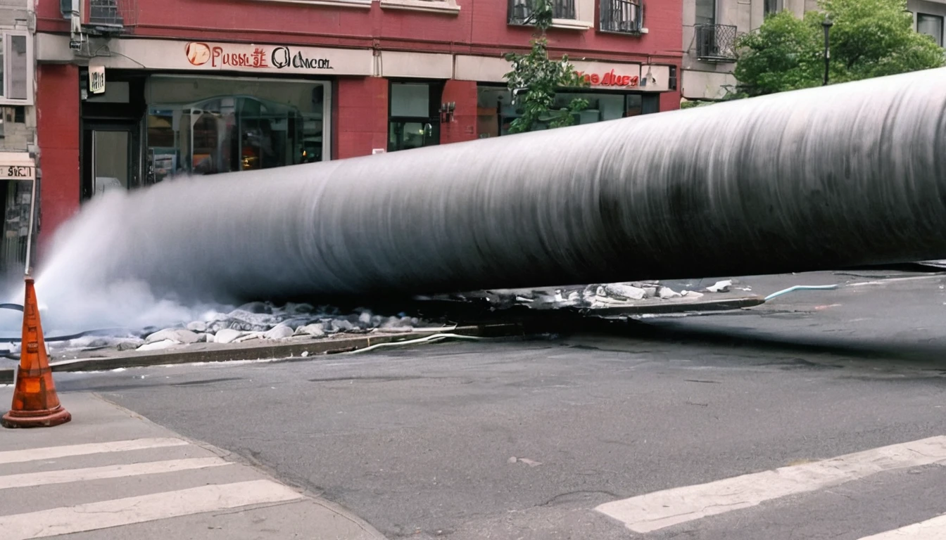 A large heating pipe on the street in a city suddenly exploded, causing water vapor to spray out