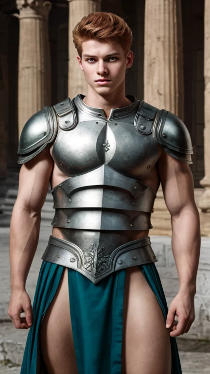 Portrait, 1boy, 20 years old, armor, warrior, bbreastplate armor, ancient Rome, handsome, Greek model, ginger boy, readhead, red-hair, albino, pale skin, green eyes, symmetrical, focus on the boy, medium shot, looking at the camera, film grain, young god greek, beauty, pose, super model, warrioir, young god greek beauty, representation of a Greek god, glorious, majestic, supreme, nature, artistic portrait, artistic pose, photography award, realistic