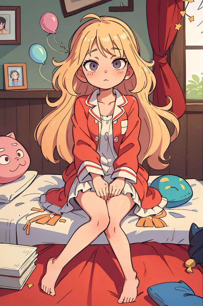 ((Highest quality, masterpiece)),
Messy Hair、long blond、Perm、pajamas、Bedroom、sleep、Spread your legs wide、Transparent balloon from nose、close ~ eye