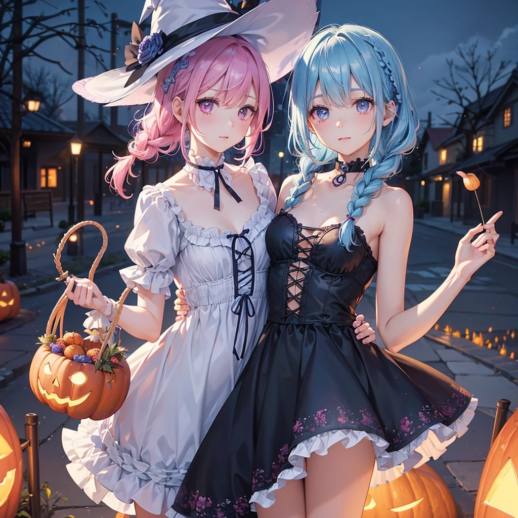 (Light blue medium hair),(Braided hair)、Pink eyes、Fair skin、cowboy shot、Halloween、The background is a pumpkin ghost、Crescent Moon、Trick or Treat、A lot of sweets、witch、Halloween night、Candy、Condescending expression、solo、(masterpiece、Highest quality、Very detailed、Best Shadow)、(Detailed Background)、(Beautifully detailed face)、High contrast、(Best lighting、Very delicate and beautiful)、(Cinematic Light)、colorful、Hyper Detail、Dramatic Light、Exquisite detail、