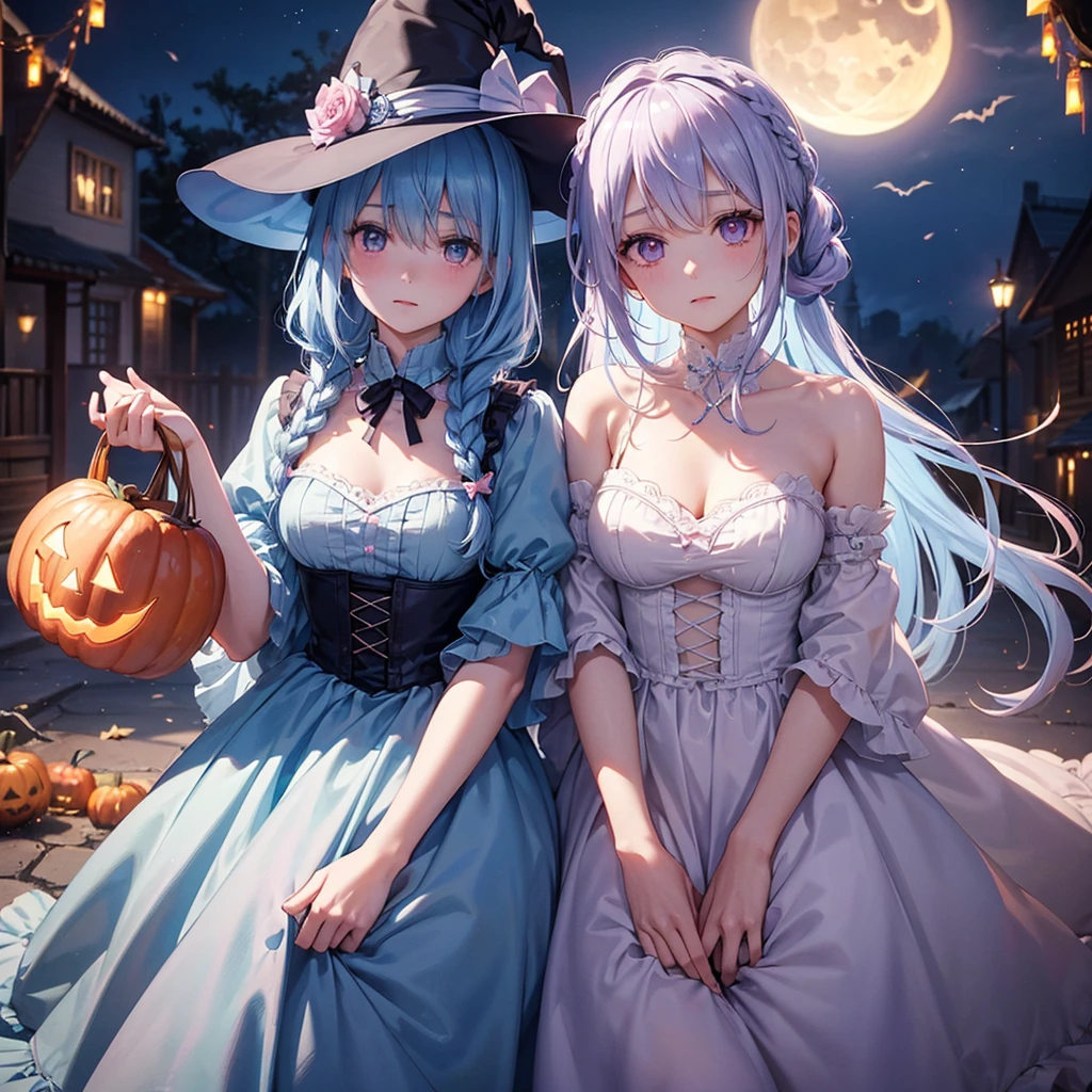 (Light blue medium hair),(Braided hair)、Pink eyes、Fair skin、cowboy shot、Halloween、The background is a pumpkin ghost、Crescent Moon、Trick or Treat、A lot of sweets、witch、Halloween night、Candy、Condescending expression、solo、(masterpiece、Highest quality、Very detailed、Best Shadow)、(Detailed Background)、(Beautifully detailed face)、High contrast、(Best lighting、Very delicate and beautiful)、(Cinematic Light)、colorful、Hyper Detail、Dramatic Light、Exquisite detail、