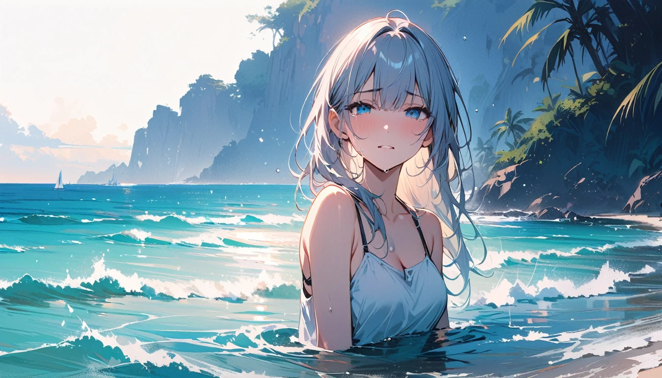 (masterpiece, Highest quality:1.2), 1 Girl, alone,Eyes open,Tropical atmosphere,Ocean,Are crying