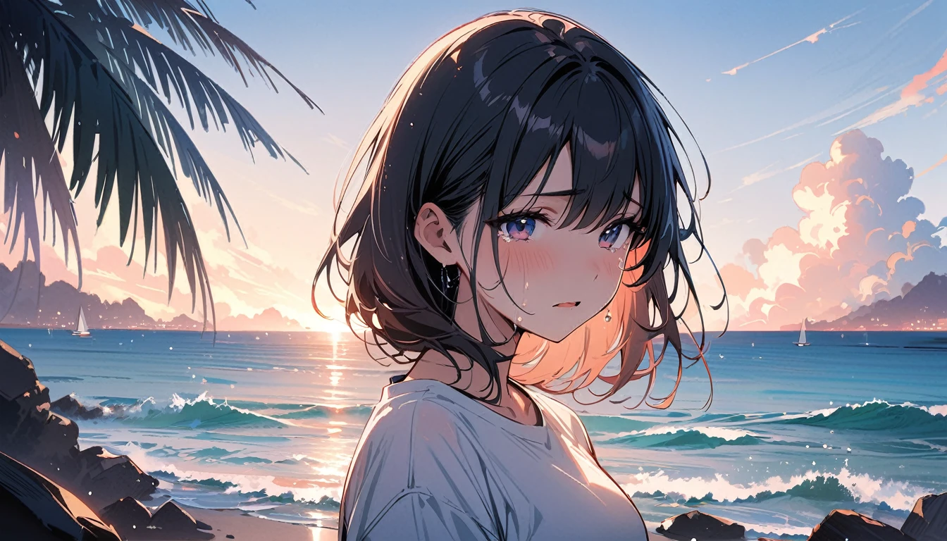 (masterpiece, Highest quality:1.2), 1 Girl, alone,Eyes open,Tropical atmosphere,Ocean,Are crying