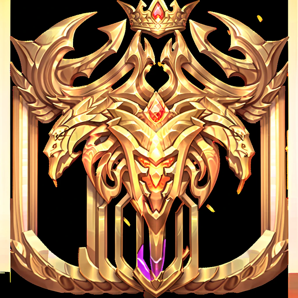 A majestic golden avatar frame, empty middle, adorned with a crown and wings, radiates with a warm glow, symbolizing victory and achievement. The on botton ruby gem sparkles with a fiery intensity, adding a touch of elegance and power.

[Digital art, stylized, inspired by game UI design], [High contrast, sharp edges, glowing highlights, black background, intricate details, focus on the center of the frame]