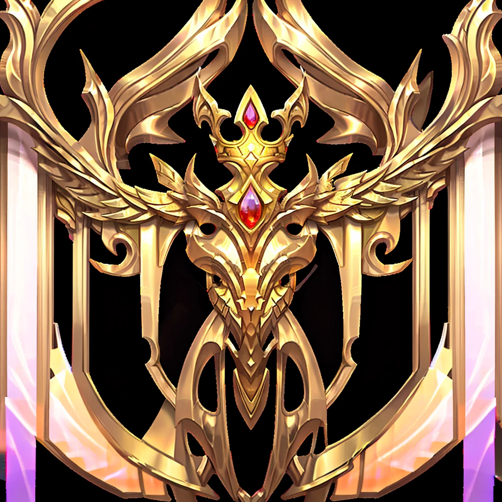 A majestic golden avatar frame, empty middle, adorned with a crown and wings, radiates with a warm glow, symbolizing victory and achievement. The on botton ruby gem sparkles with a fiery intensity, adding a touch of elegance and power.

[Digital art, stylized, inspired by game UI design], [High contrast, sharp edges, glowing highlights, black background, intricate details, focus on the center of the frame]