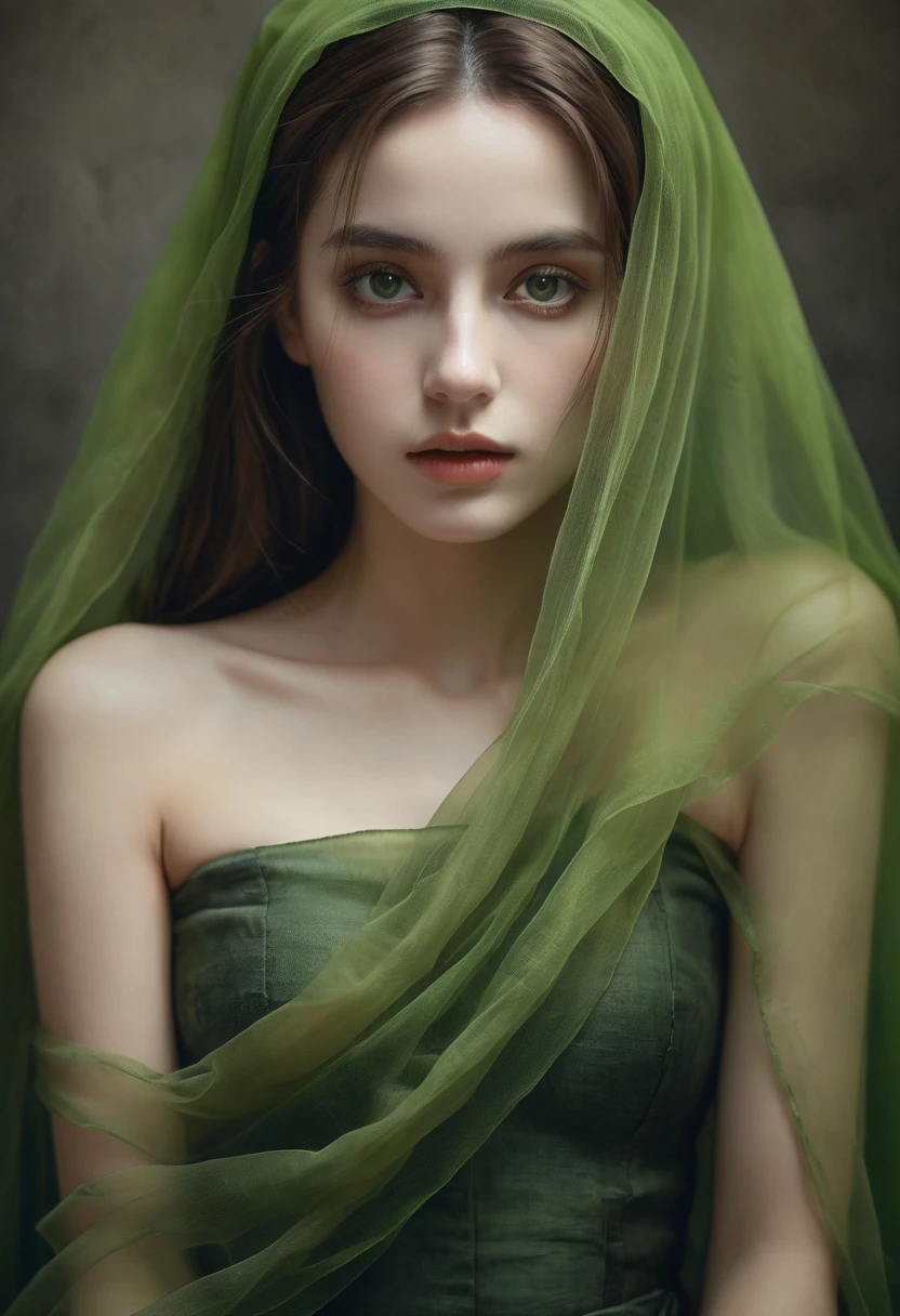 portrait of beautiful female model in green organza cloth draped around her body, gothic style, gothic background, perfect symmetric eyes, oil on canvas, by Raphael, Caravaggio, Greg Rutkowski, Beeple, Beksinski, perfect composition, intricate insanely detailed, octane render, trending on artstation, 8 k artistic photography, photorealistic concept art, soft natural volumetric cinematic shadow casting, depth of field, unreal engine, award winning photograph, masterpiece ,