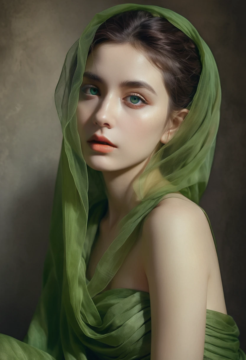  portrait of beautiful female model in green organza cloth draped around her body, gothic style, gothic background, perfect symmetric eyes, oil on canvas, by Raphael, Caravaggio, Greg Rutkowski, Beeple, Beksinski, perfect composition, intricate insanely detailed, octane render, trending on artstation, 8 k artistic photography, photorealistic concept art, soft natural volumetric cinematic shadow casting, depth of field, unreal engine, award winning photograph, masterpiece ,