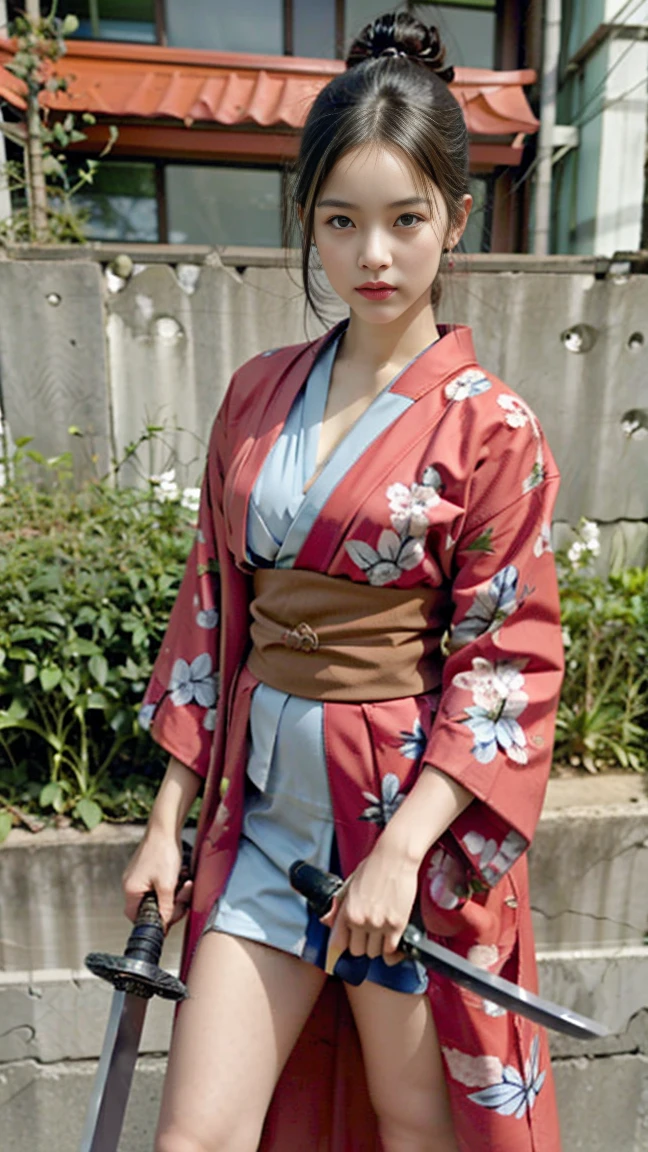 Beautiful Thai-Melanesian woman, (16 years old), pretty face, red lips,
BREAK,
Athletic feminine body, Female fitness model body, Hard toned feminine body, (muscles: 1.2), (beautiful belly button),
BREAK,
Mixed martial arts, exceptional kung fu fighter, Japanese idol,
BREAK,
(wearing cute kimono: 1.3), Red high heels, necklace, earrings, short length,
BREAK,
Short hair, (bob cut), (bangs: 1.2), (coloring),
BREAK,
(holding a very large sword in hand, holding a sword handle in hand, standing with a very large sword, raising a very large sword: 1.4),(Samurai in a fighting stance),
BREAK,
(large tattoos all over body, 80% of the body covered in Japanese tattoos: 1.4),
BREAK,
masterpiece, perfect lighting, ultra high resolution, 8K, (highly detailed: 1.4), From the front, looking at the camera, melancholy expression,
BREAK,
(Tokyo city, many people in the background), Tokyo city background,
