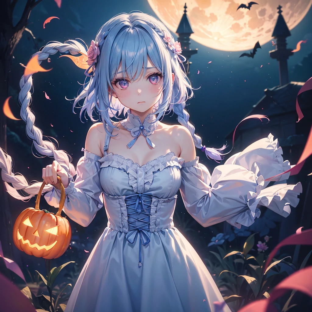(Light blue medium hair),(Braided hair)、Pink eyes、Fair skin、cowboy shot、Halloween、The background is a pumpkin ghost、Crescent Moon、Trick or Treat、A lot of sweets、witch、Halloween night、Candy、Condescending expression、solo、(masterpiece、Highest quality、Very detailed、Best Shadow)、(Detailed Background)、(Beautifully detailed face)、High contrast、(Best lighting、Very delicate and beautiful)、(Cinematic Light)、colorful、Hyper Detail、Dramatic Light、Exquisite detail、