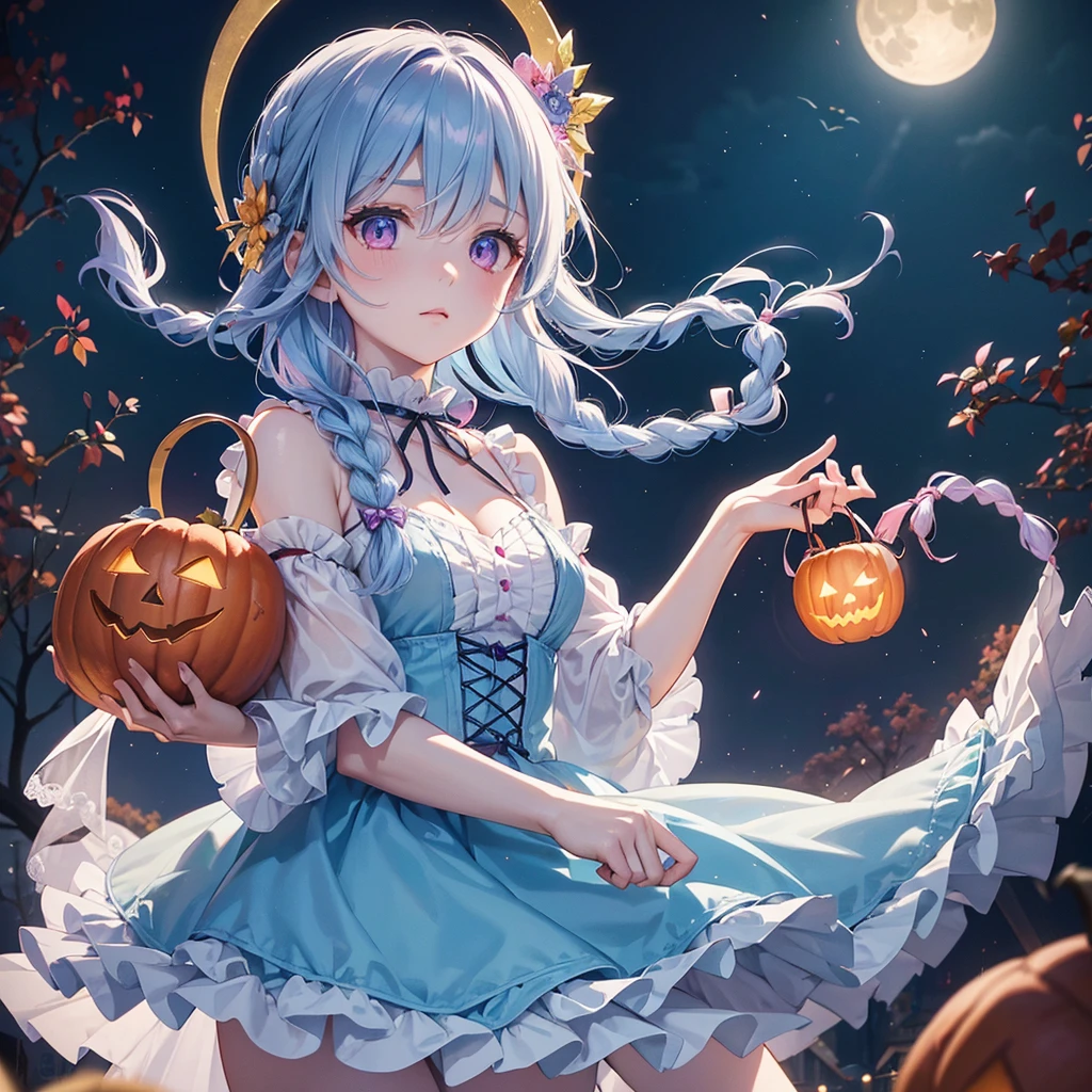 (Light blue medium hair),(Braided hair)、Pink eyes、Fair skin、cowboy shot、Halloween、The background is a pumpkin ghost、Crescent Moon、Trick or Treat、A lot of sweets、witch、Halloween night、Candy、Condescending expression、solo、(masterpiece、Highest quality、Very detailed、Best Shadow)、(Detailed Background)、(Beautifully detailed face)、High contrast、(Best lighting、Very delicate and beautiful)、(Cinematic Light)、colorful、Hyper Detail、Dramatic Light、Exquisite detail、