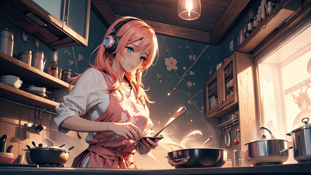 Woman wearing headphones, Anime Style 4 k, anime wallpaper 4k, anime wallpaper 4k, 4k anime wallpaper, anime art wallpaper 4k, anime art wallpaper 4k, Anime Style. 8k, Anime atmosphere, , Ultra HD Anime Wallpaper, Anime Art Wallpaper 8K, Anime Background,landscape、cooking、cooking