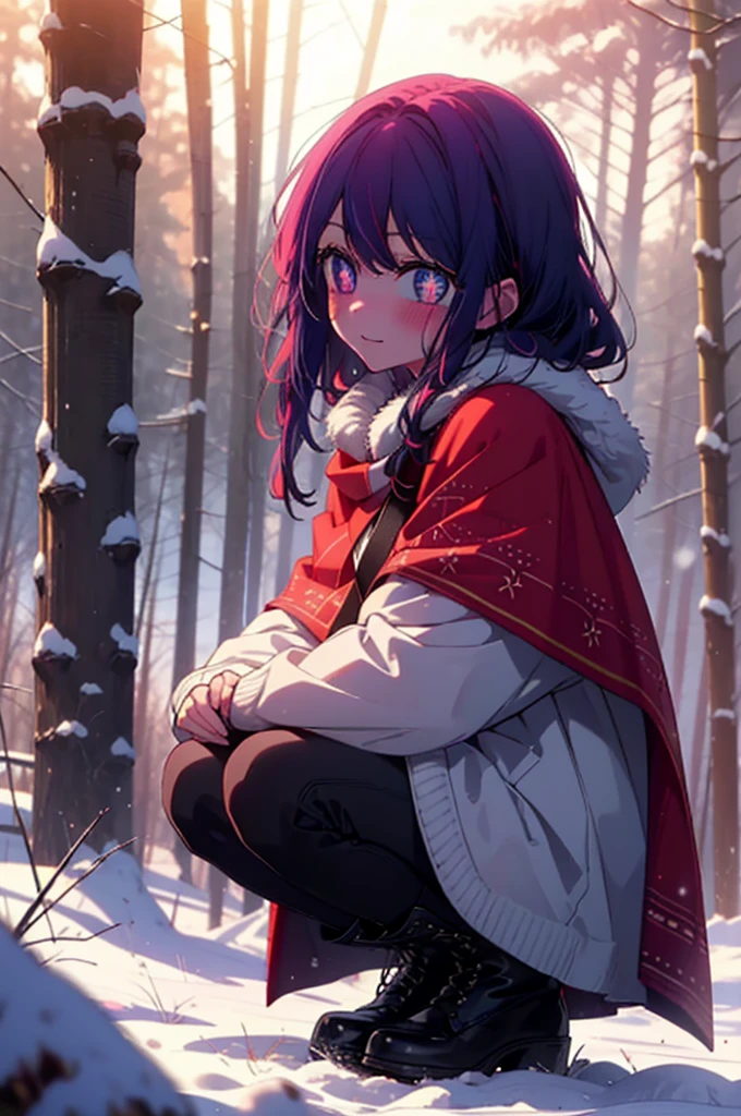 aihoshino, Ai Hoshino, Long Hair, bangs, (Purple eyes:1.1), Purple Hair, (Symbol-shaped pupil:1.5), smile,,smile,blush,white breath,
Open your mouth,snow,Ground bonfire, Outdoor, boots, snowing, From the side, wood, suitcase, Cape, Blurred, , forest, White handbag, nature, Squat, Mouth closed, Cape, winter, Written boundary depth, Black shoes, red Cape break looking at viewer, Upper Body, whole body, break Outdoor, forest, nature, break (masterpiece:1.2), Highest quality, High resolution, unity 8k wallpaper, (shape:0.8), (Beautiful and beautiful eyes:1.6), Highly detailed face, Perfect lighting, Extremely detailed CG, (Perfect hands, Perfect Anatomy),