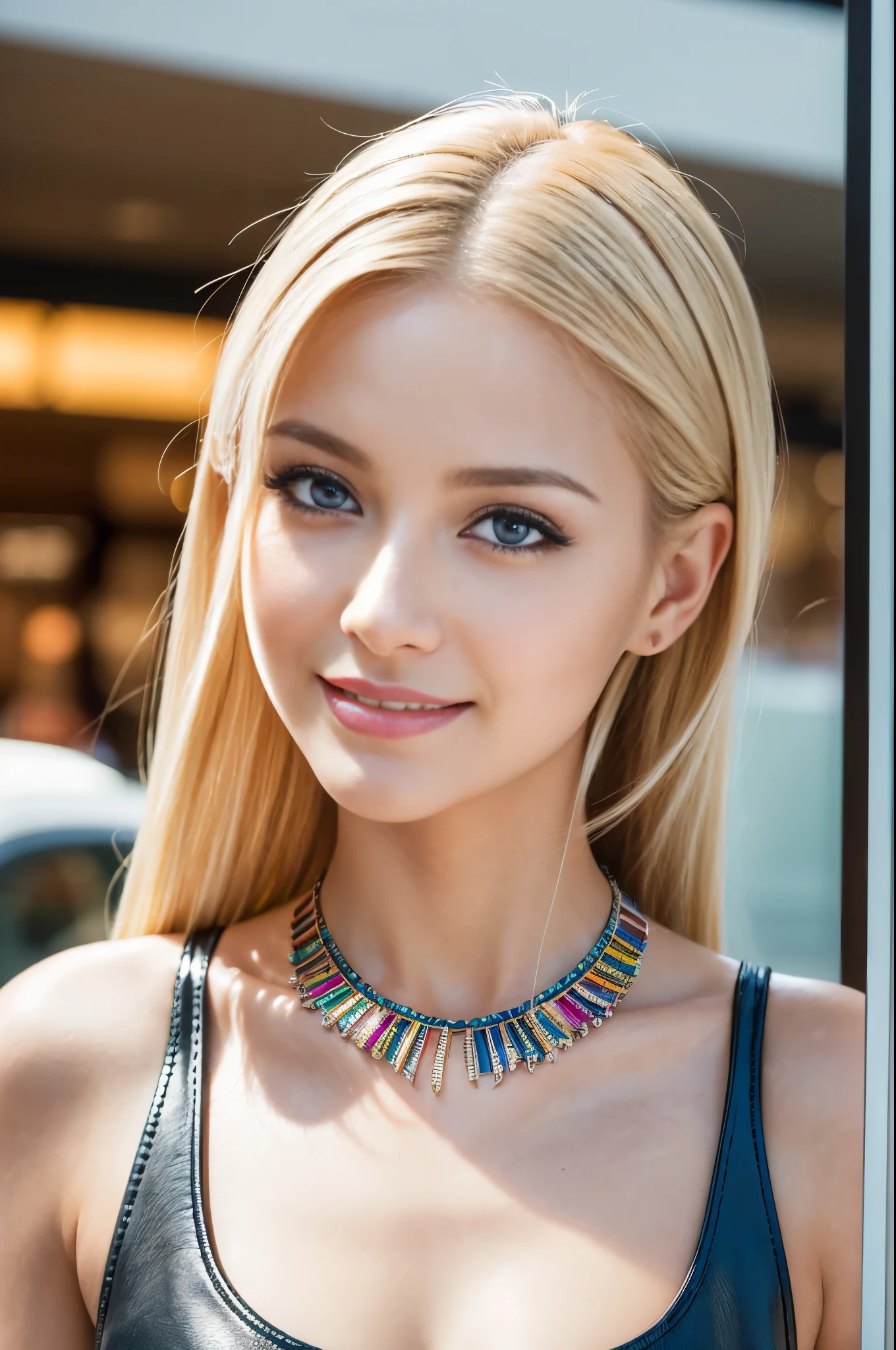 (masterpiece:1.4), (best quality:1.4), 4k, 8k, ultra high res, ultra high resolution, ultra detailed, ((detailed facial features)), HDR, (realistic, photorealistic, photo-realistic:1.37), closeup, sexy seductive Swedish model, (happy smile), (small breasts), (slim girl), long lashes, ultra detailed makeup, defined eyebrows, platinum blonde hair, fair skin, elegant posture, wearing large sparkling colorful jewelry, wearing a business style leather dress, standing in a large shopping mall, gentle sunlight shining through the shopping mall windows, casting a soft glow on her face, adding warmth to the scene, vibrant colors, capturing the essence of vibrant city life, portrait style, showcasing her natural beauty and grace in a feminine way