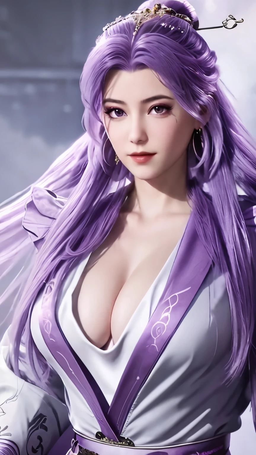  1girl, solo,purple hair, long hair, black eyes, hair ornament,big breasts, cleavage, jewelry,purple hair,  earrings, sky, dress, looking_at_viewer, leaning forward,bedroom,