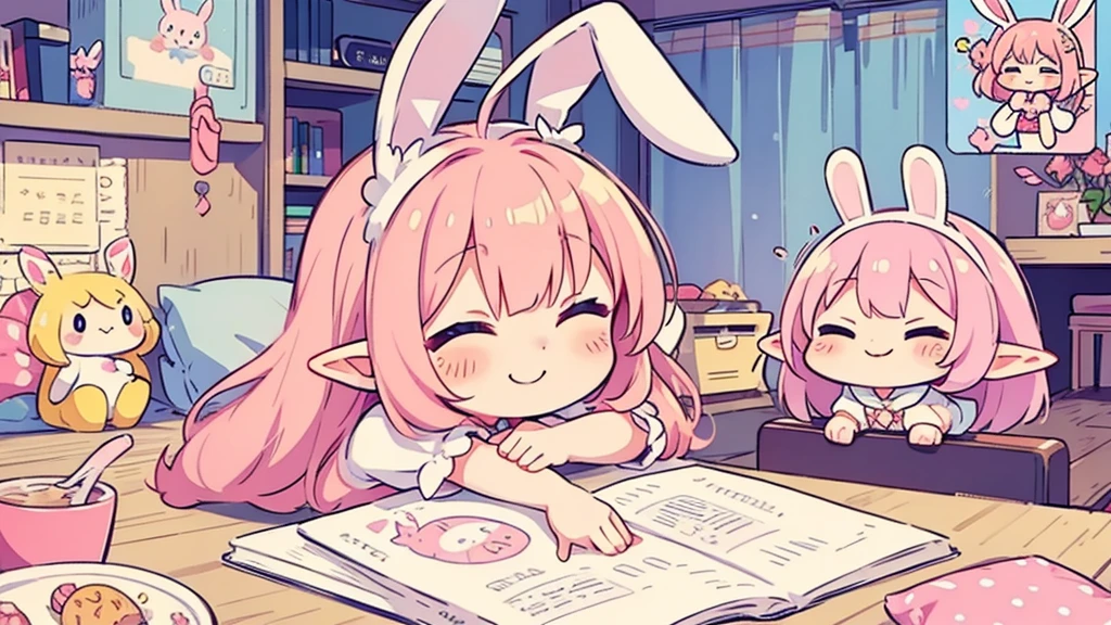 Bunny ears、Chibi Girl Elf、fluffy、Pink pop room、 smile、Video game