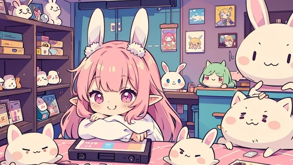 Bunny ears、Chibi Girl Elf、fluffy、Pink pop room、 smile、Video game