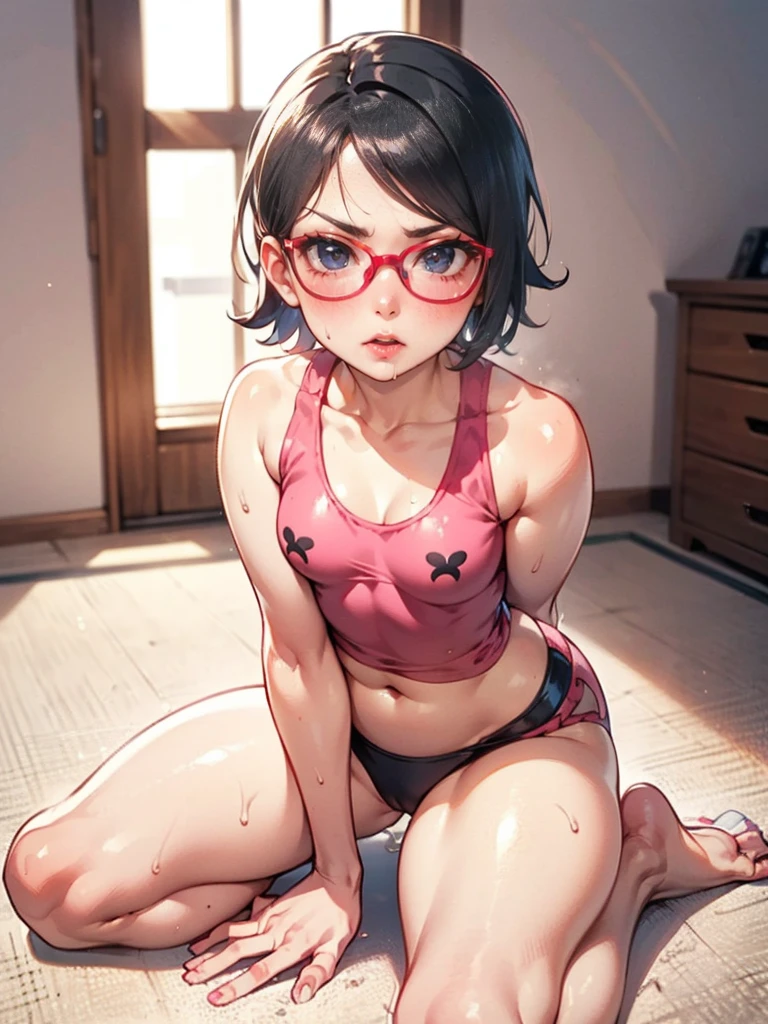 Super sexy pose, (solo, 1girl, short hair, uchiha sarada, glasses, (black eyes), sarada uchiha),masterpiece, best quality, 1girl,beidoudef, moist skin, detail skin, tank top, ghibli style, (blush:1.2), (sitting:1.1), barefoot, (kawai, messy room:1.2), cowboy shot, glasses, short hair, black eyes, black hair, flowers, slim body, sweat, wet, sweat body, wet bikini leproed print, on the floor, (Original, small breasts, 1girl, solo), (very detailed wallpaper) , (best quality) , (work of art) ,struggling posture, artistic dedication, very detailed illustrations, (pink lipstick) , beautiful eyes, (Delicate Face) , perfect detail, (best lighting ), (super complex details), ((Alone, Sarada Uchiha, ((black eyes, pink lipstick, small breasts)), (wearing glasses, short hair, serious facial expression), confident))