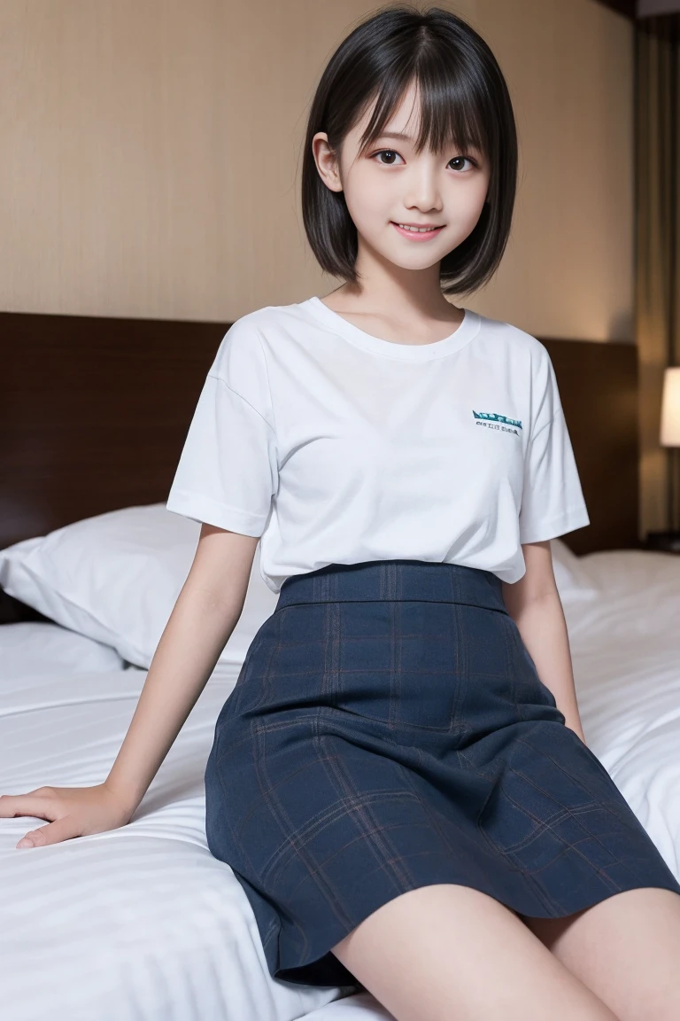 (8k),(masterpiece),(Japanese),(12 year old girl),((Innocent look)),((Childish)),from the front,smile,cute,Innocent,Kind eyes,Plain white t-shirt,Short sleeve,Blue checked short skirt,Straight hair,Black Hair,Sitting on a hotel bed,noon,bright