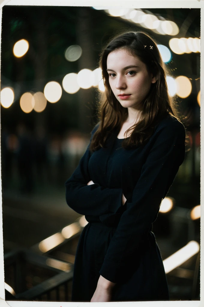 polaroid photo, night photo, 24 year old photo.oh beautiful woman, pale skin, bokeh, motion-blur