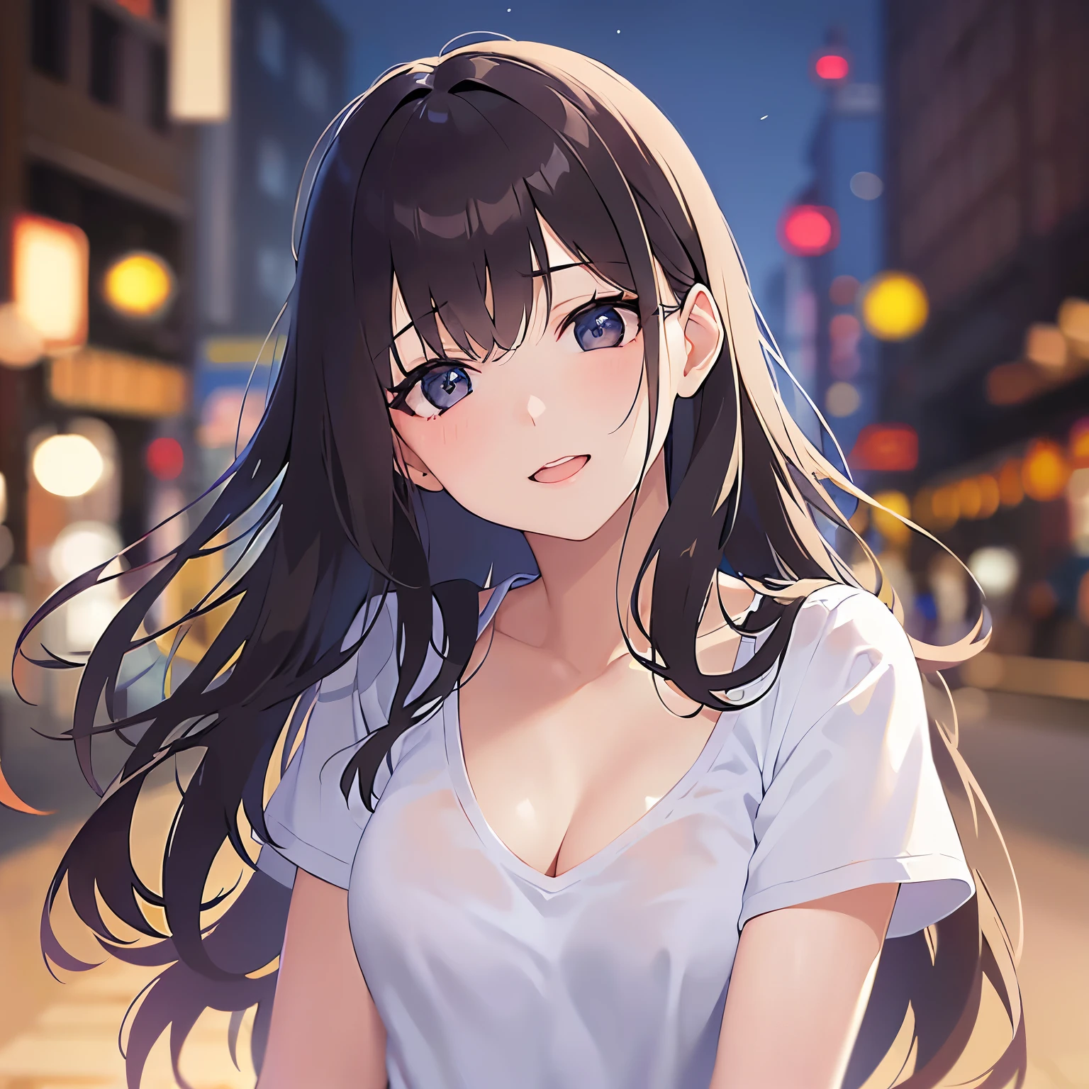 (looking at viewer:1.5),upper body,head tilt, Realistic, real person, (pale skin: 1.2), RAW photo, photorealistic, shiny skin, shiny hair、 (A 25-year-old woman with medium-length hair and bangs) and (wavy hair) and (brown hair) 、(white) and (T-shirt:1.5) and (V neck) 、Cleavage、blush, smile with closed eyes,Midnight in the Park、Night Sky、(alone:1.5)