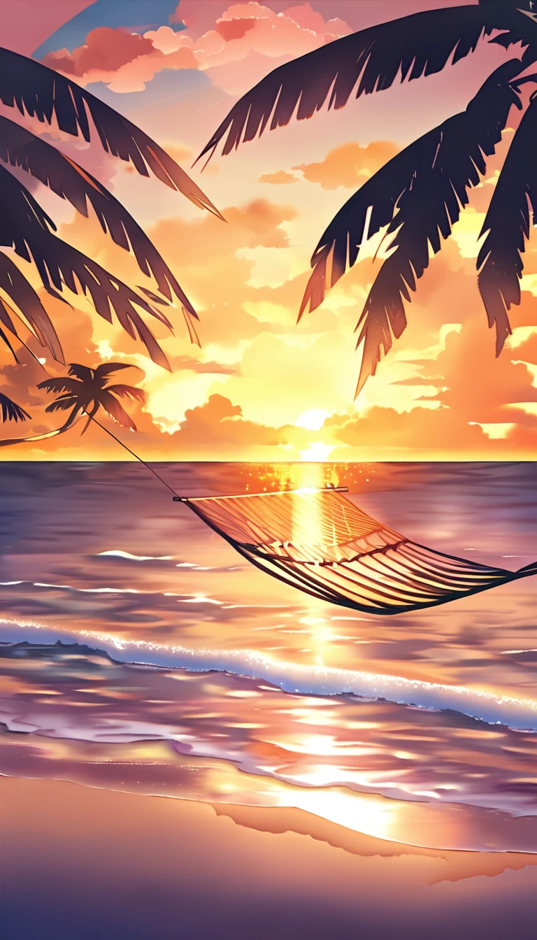 A serene beach scene at sunset, with gentle waves lapping at the shore and a hammock strung between two palm trees. The sky is painted with warm hues of orange and pink.