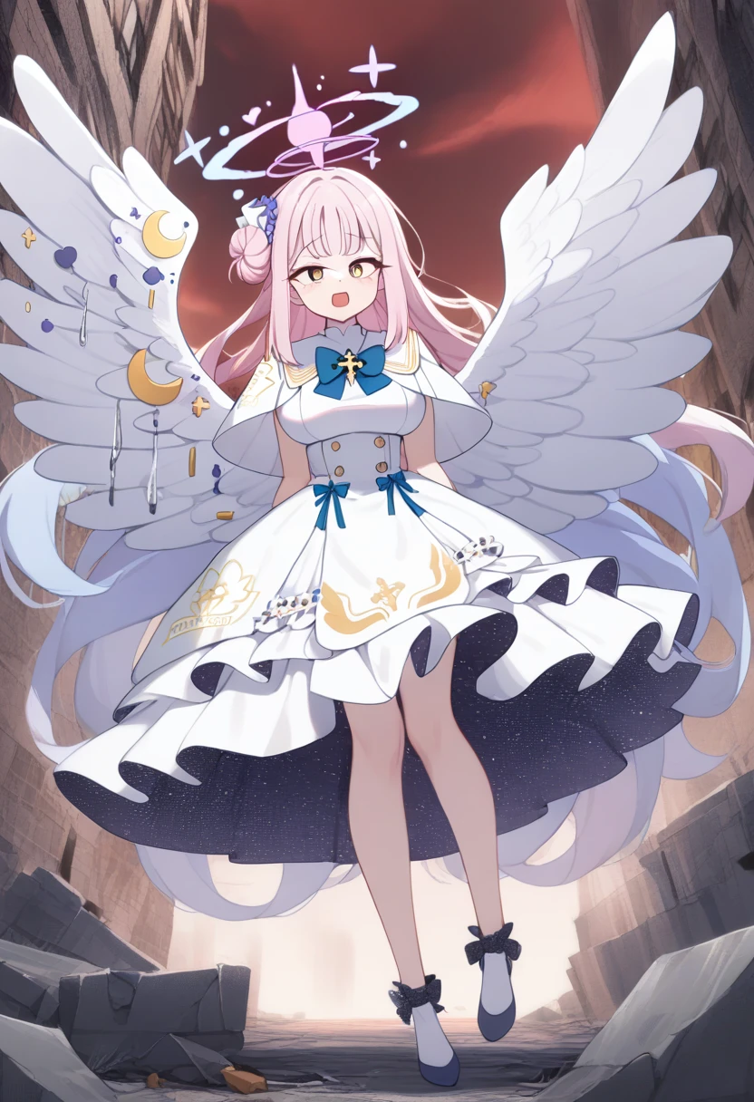 (1girl:1.8), solo, full body, zoom out,highres,mika_\(blue_archive\),white_wings,feathered_wings,hair_flower,large_breasts,angel_wings,white_dress,low_wings, glaring eyes, open mouth, emerged, menacing, mysterious, blazing clothes, collapsed building, deserted, dripping_blood_from_eyes, red sky, looking at camera