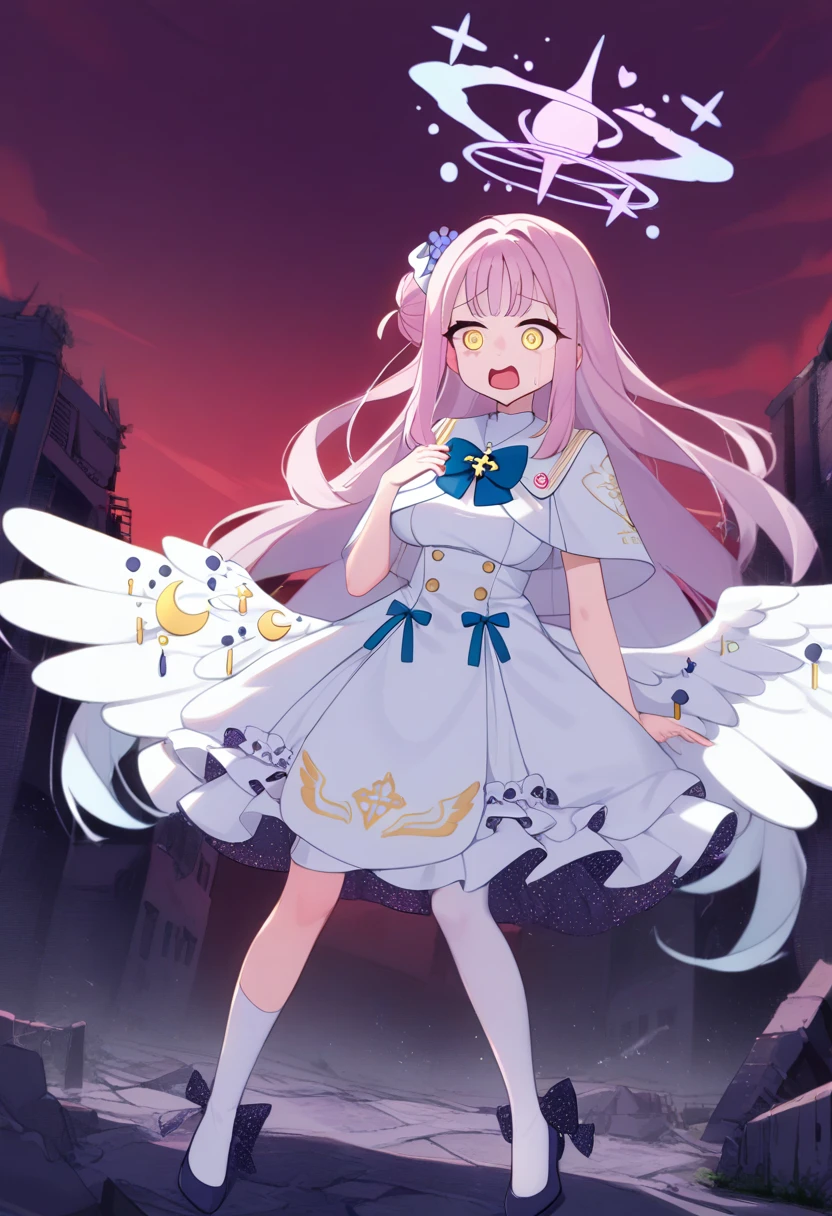 (1girl:1.8), solo, full body, zoom out,highres,mika_\(blue_archive\),white_wings,feathered_wings,hair_flower,large_breasts,angel_wings,white_dress,low_wings, glaring eyes, open mouth, emerged, menacing, mysterious, blazing clothes, collapsed building, deserted, dripping_blood_from_eyes, red sky, looking at camera