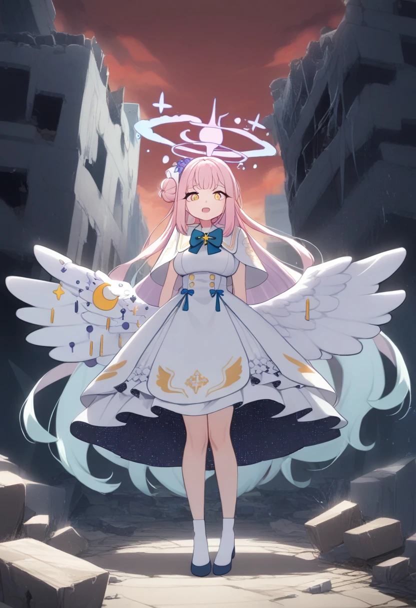 (1girl:1.8), solo, full body, zoom out,highres,mika_\(blue_archive\),white_wings,feathered_wings,hair_flower,large_breasts,angel_wings,white_dress,low_wings, glaring eyes, open mouth, emerged, menacing, mysterious, blazing clothes, collapsed building, deserted, dripping_blood_from_eyes, red sky, looking at camera