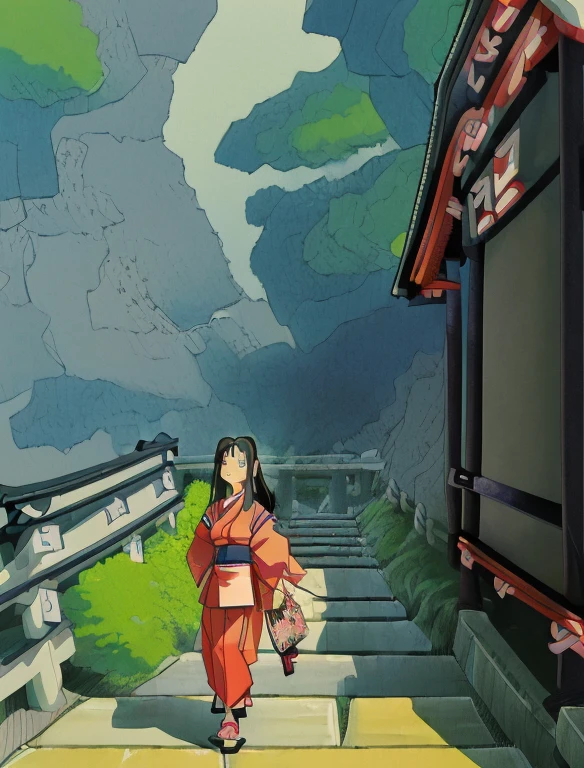 Best quality,(masterpiece:1,2),highres,original,perfect lighting,extremely detailed wallpaper,(extremely detailed CG:1.2),(Japanese manga style:2),Studio Ghibli,Hayao Miyazaki style,high saturation,rich details,A girl carrying a bag walking down the street,cartoon style,Japanese cartoon,