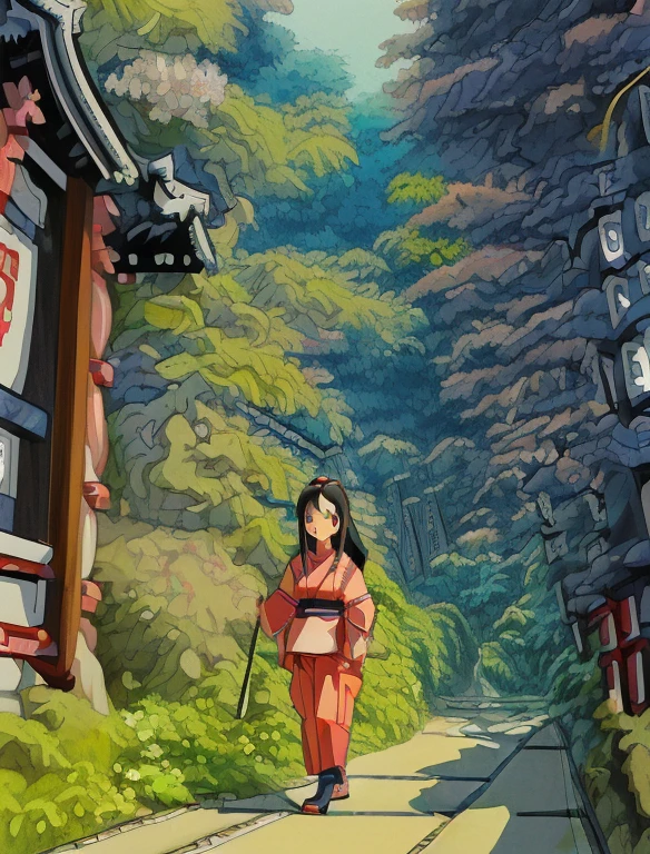 Best quality,(masterpiece:1,2),highres,original,perfect lighting,extremely detailed wallpaper,(extremely detailed CG:1.2),(Japanese manga style:2),Studio Ghibli,Hayao Miyazaki style,high saturation,rich details,A girl carrying a bag walking down the street,cartoon style,Japanese cartoon,