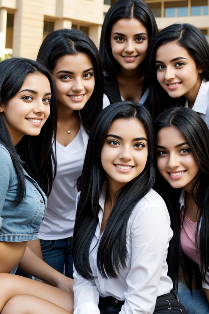 Beautiful girl with black hair and eyes spending time with friends in university