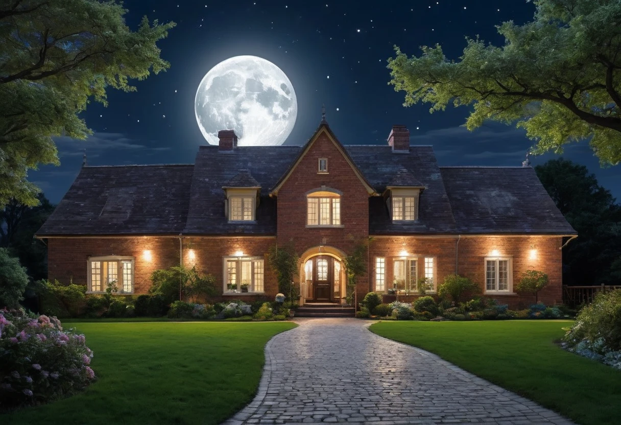 Generate a breathtakingly beautiful nighttime photo of a brick house with a single tree beside it, illuminated by the soft glow of moonlight. The brick house should have a rustic charm with a gabled roof and visible texture on the bricks. The tree next to the house is tall and majestic, with branches gently swaying in the night breeze. The scene is bathed in the serene, silvery light of a full moon hanging high in the clear, starry sky. The moonlight casts gentle shadows, highlighting the details of the house and the tree, while creating a tranquil and mystical atmosphere. The foreground includes a well-tended garden with subtle hints of foliage, adding depth to the scene. The overall composition should evoke a sense of calm and wonder, capturing the beauty of a peaceful night in the countryside.