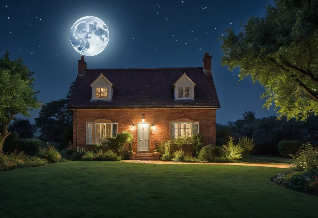 Generate a breathtakingly beautiful nighttime photo of a brick house with a single tree beside it, illuminated by the soft glow of moonlight. The brick house should have a rustic charm with a gabled roof and visible texture on the bricks. The tree next to the house is tall and majestic, with branches gently swaying in the night breeze. The scene is bathed in the serene, silvery light of a full moon hanging high in the clear, starry sky. The moonlight casts gentle shadows, highlighting the details of the house and the tree, while creating a tranquil and mystical atmosphere. The foreground includes a well-tended garden with subtle hints of foliage, adding depth to the scene. The overall composition should evoke a sense of calm and wonder, capturing the beauty of a peaceful night in the countryside.