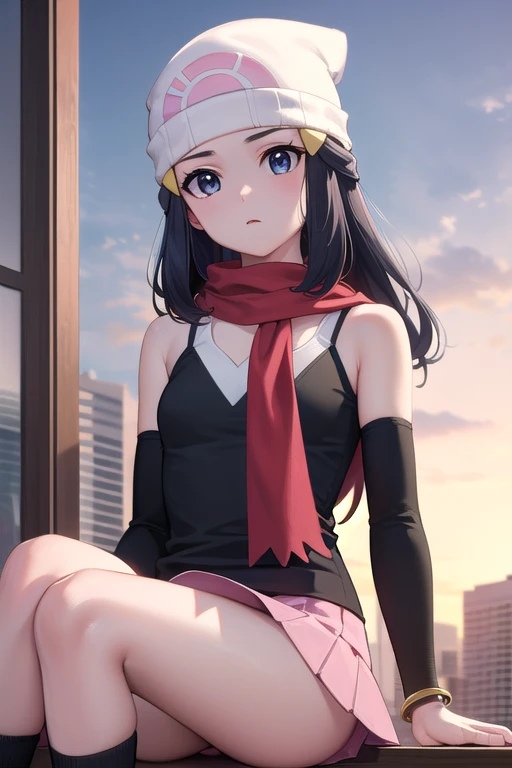 Pokémon Dawn, Pokémon Dawn, Black Hair, blue eyes, Side Lock, Long Hair, (Small breasts:1.2),
break bare shoulders, Beanie, black shirt, Black socks, bracelet, Have, jewelry, Knee-high, miniskirt, pink skirt, red scarf, scarf, shirt, skirt, No sleeve, No sleeve shirt, White Hat,
break looking at viewer, (whole body:1.2), Upper Body,
break outdoors, city, null,
break (masterpiece:1.2), Highest quality, High resolution, unity 8k wallpaper, (figure:0.8), (Beautiful attention to detail:1.6), Highly detailed face, Perfect lighting, Highly detailed CG, (Perfect hands, Perfect Anatomy),